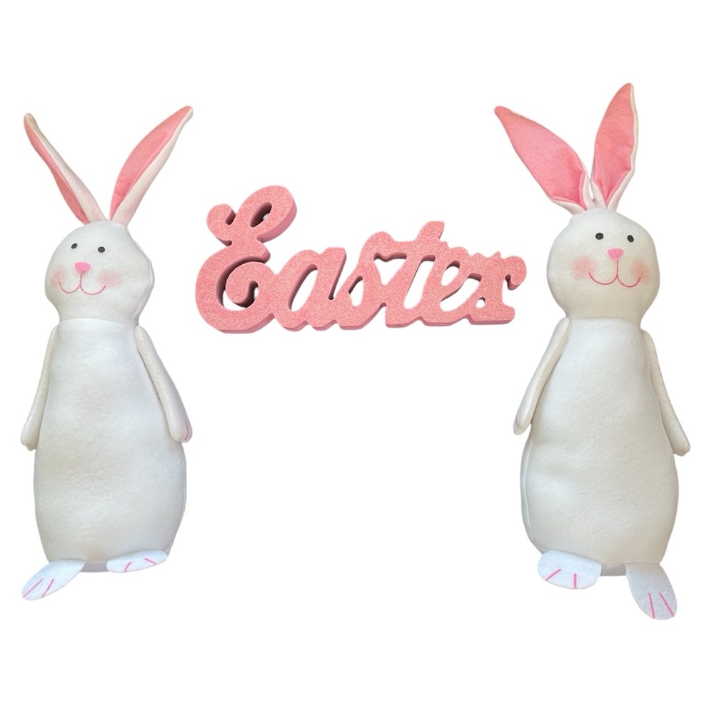 Easter Decor Set - 2 Soft Standing Bunnies & Glitter Easter sign